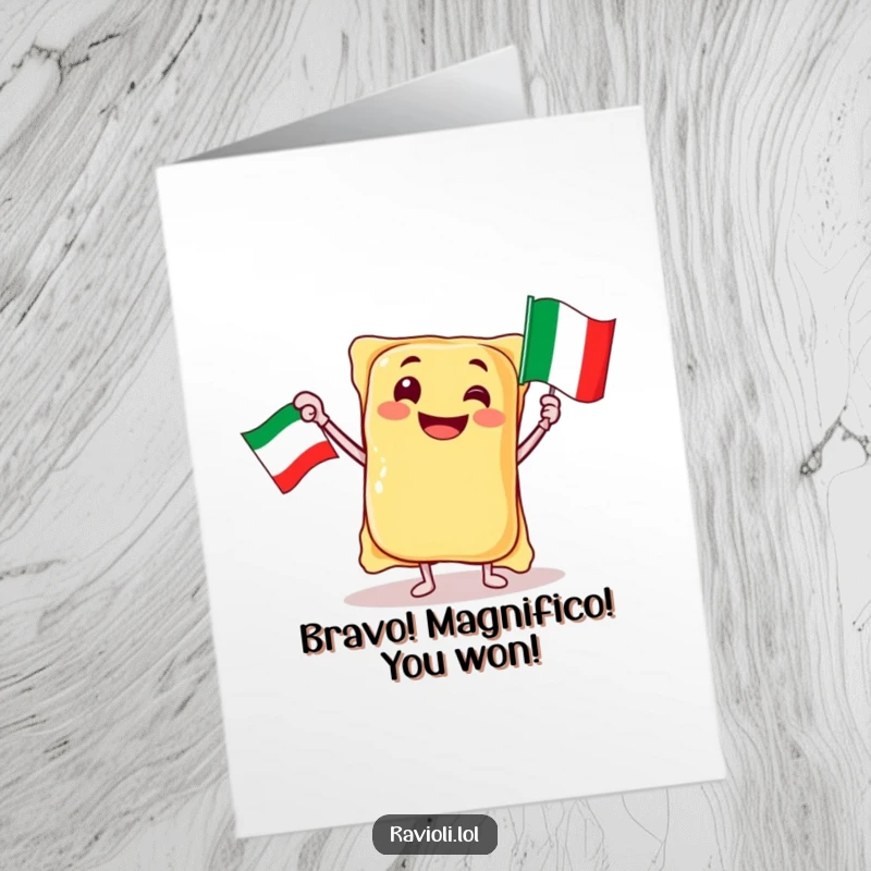 Funny free printable congratulations card: A jubilant ravioli character enthusiastically waves a miniature Italian flag in celebration.