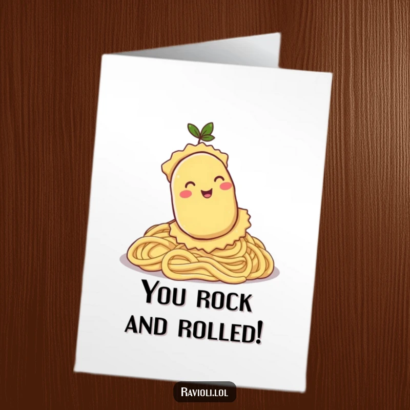 Funny Free Printable Congratulations Card: Smiling ravioli character happily rolls down a hill of pasta, celebrating achievement.
