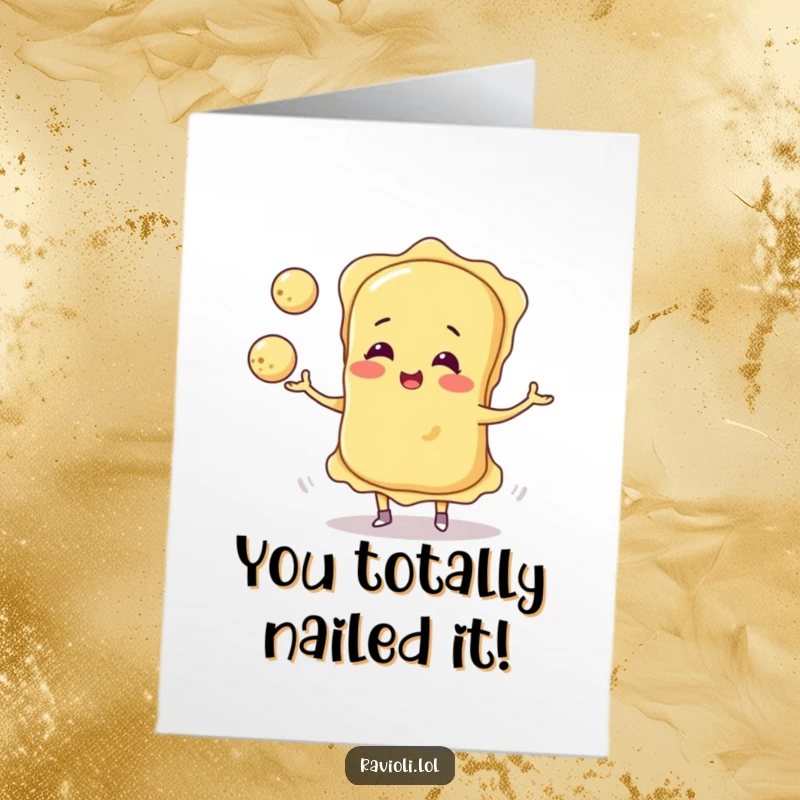 Funny Free Printable Ravioli Congratulations Card showcasing a ravioli character impressively juggling three cheese balls, a delightful celebration.