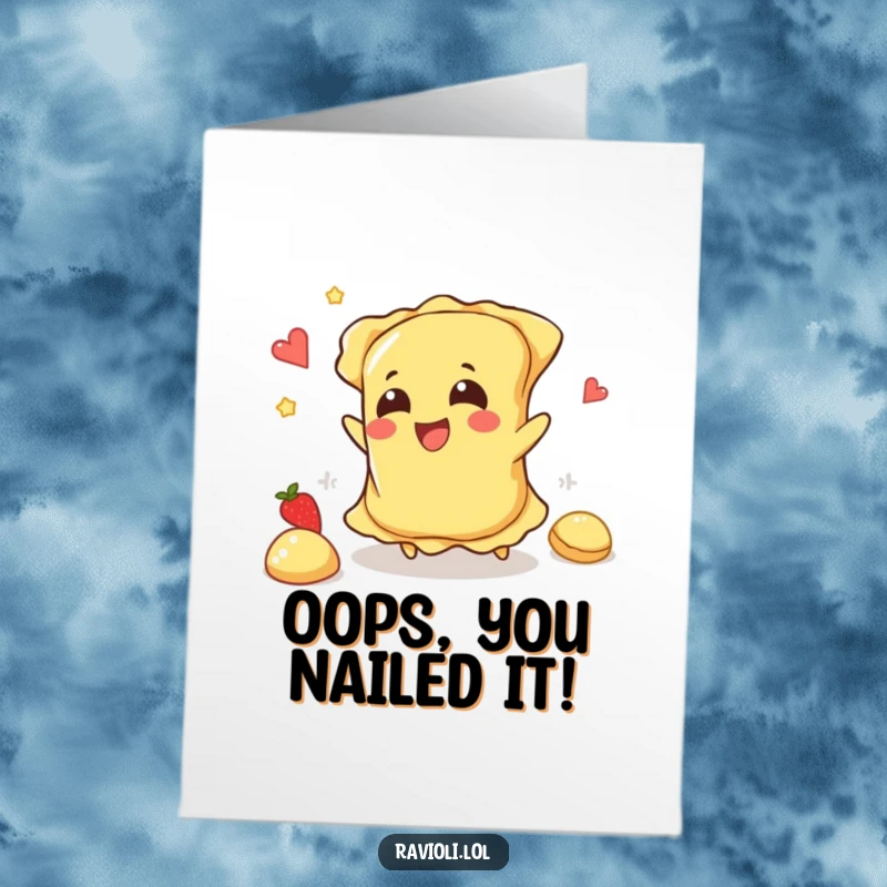 Funny Free Printable Congrats Card: A ravioli character hilariously tripping, with its filling joyfully scattering, a sign of unexpected fun.