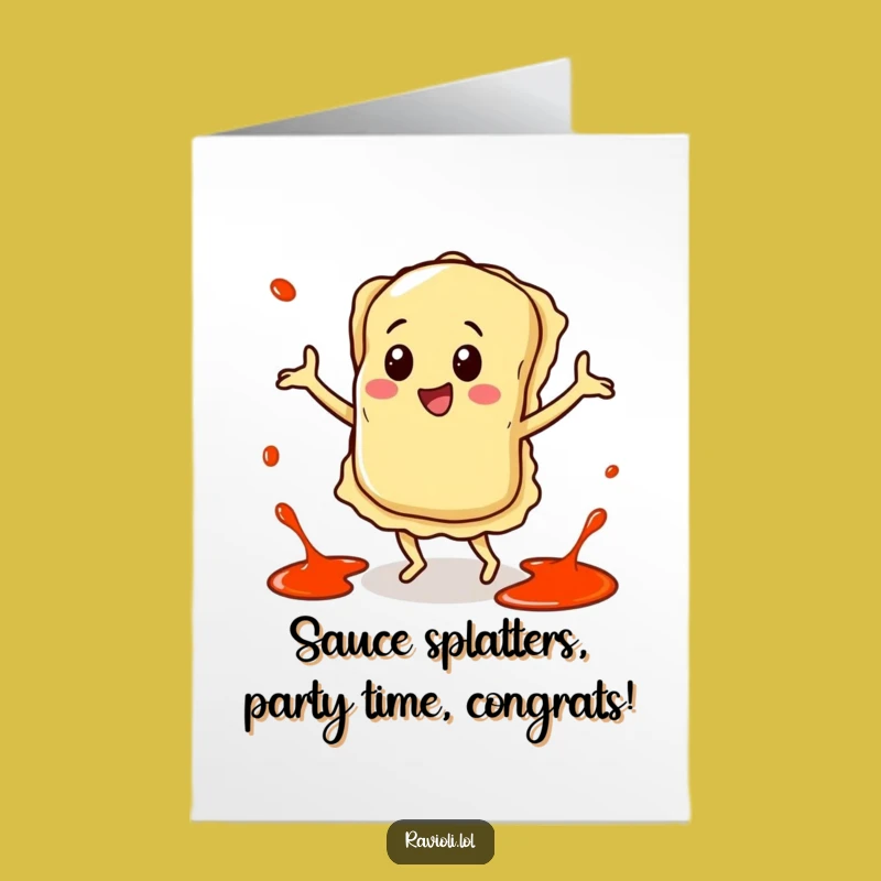 Free Printable Congrats Card: Ravioli's Happy Dance, Saucy Success, Downloadable Festive Art
