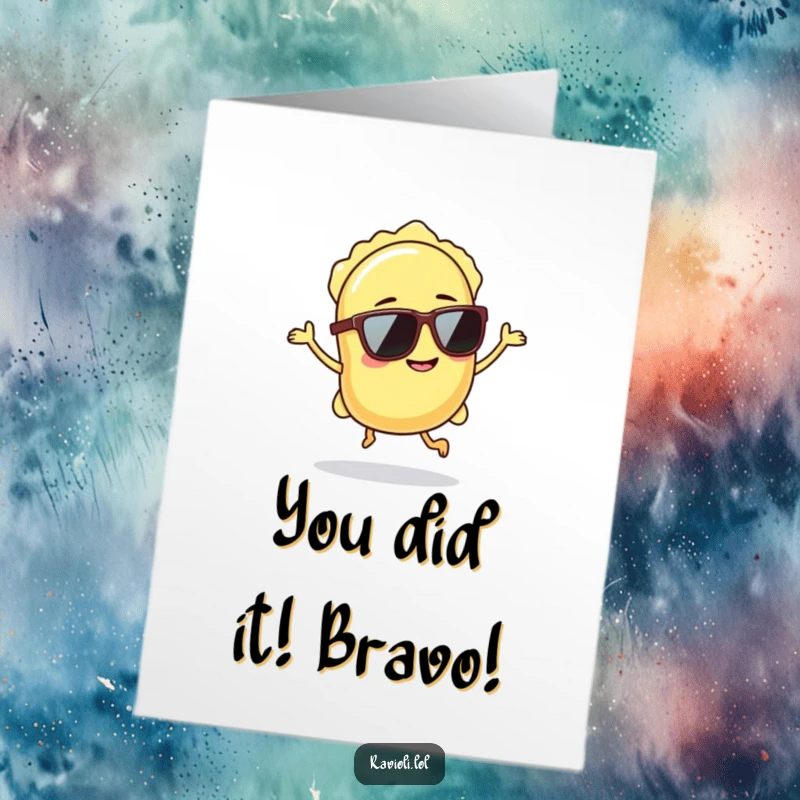 Funny Free Printable Congratulations Card: Cool ravioli wearing sunglasses doing a confident hop of celebration.