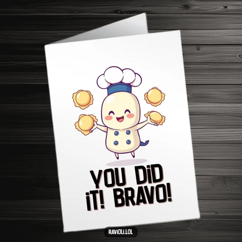 Funny Free Printable Congratulations Card: Chef ravioli joyfully juggles three ravioli wearing a chef hat, celebrating success.