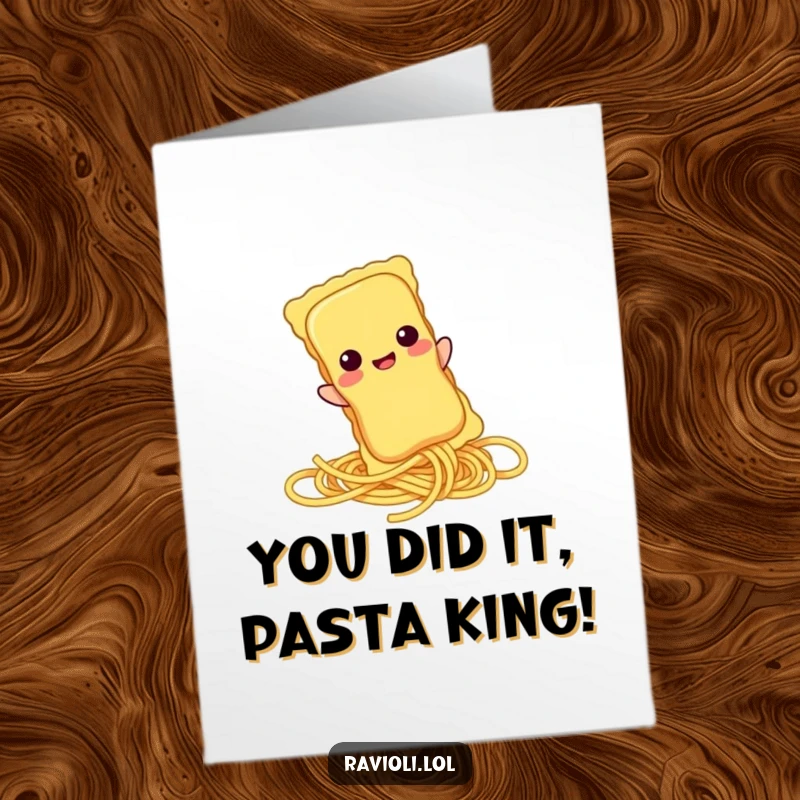 Funny Free Printable Congratulations Card: Playful ravioli character enjoys a spaghetti slide, perfect for celebrating wins, downloadable and amusing.