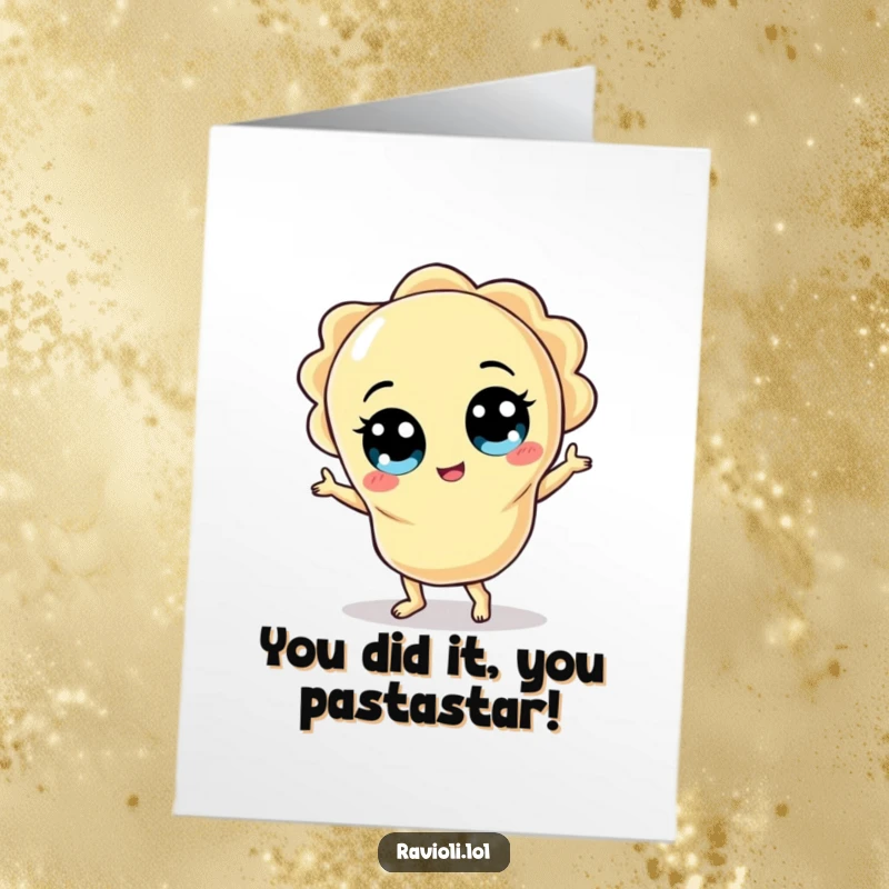 Funny Free Printable Congratulations Card: A ravioli character with wide eyes performs a silly dance, marking achievement.