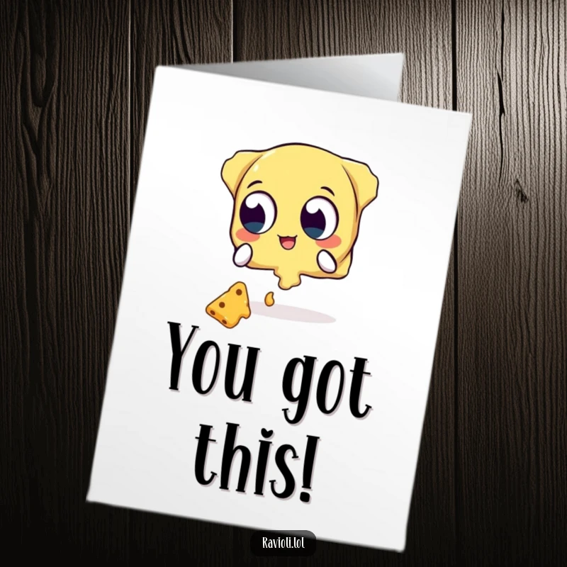 Funny Free Printable Congratulations Card: Ravioli character with wide eyes attempts to catch falling cheese, celebrating success.