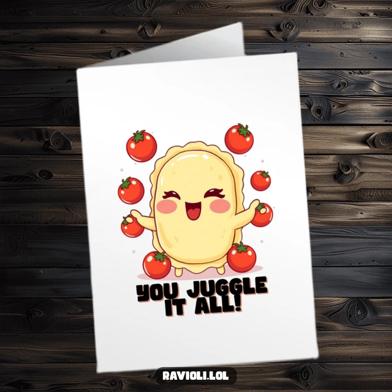 Free Printable Congratulations Card: A winking, rosy-cheeked ravioli expertly juggles small tomatoes, cheering for your win.