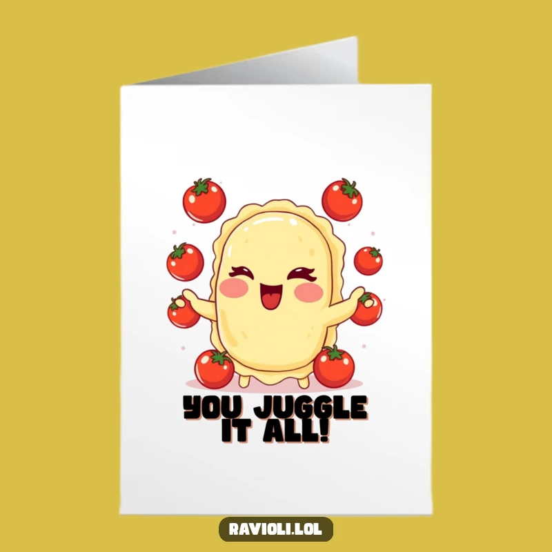 Free Printable Congrats Card: Winking Ravioli Juggler, Whimsical Downloadable Achievement Gift