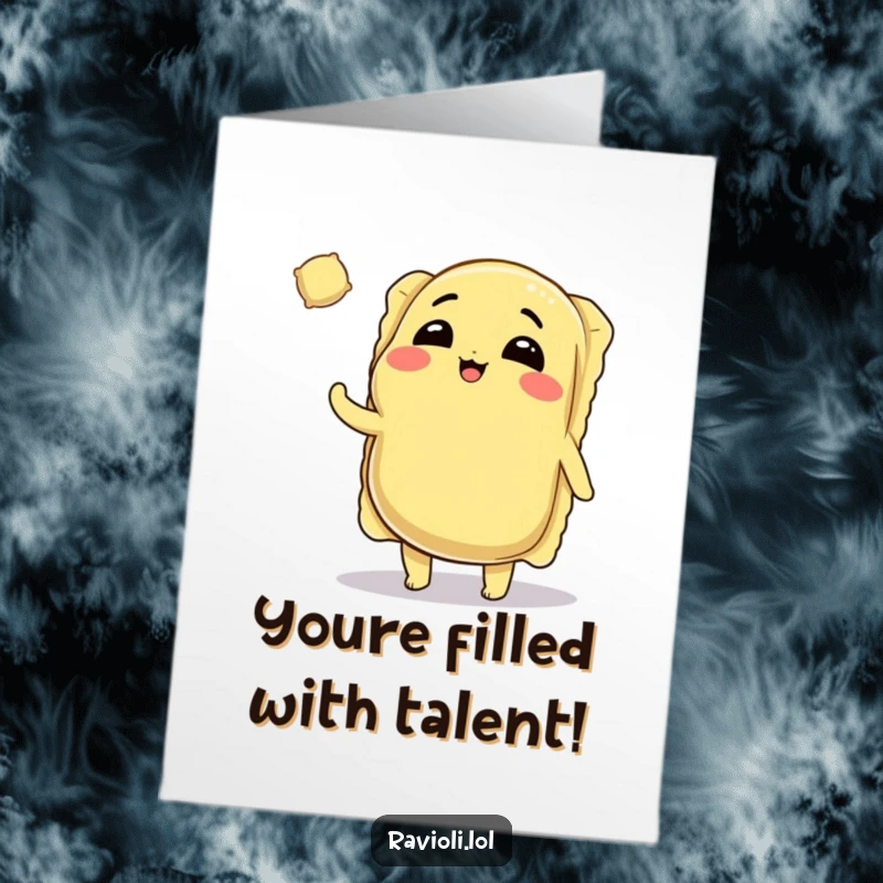 Funny Free Printable Congratulations Card: Big ravioli character winks while tossing a tiny ravioli, celebrating.