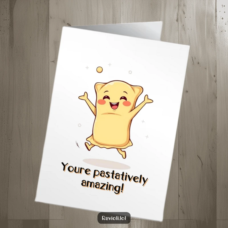 Funny Free Printable Congratulations Card: A happy ravioli performing energetic cartwheels, symbolizing ecstatic congratulations.