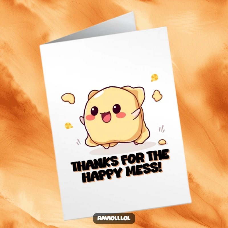 Funny Free Printable Thank You Card: Ravioli character hilariously tripping, filling splattering happily, sending thanks with a comical flair.