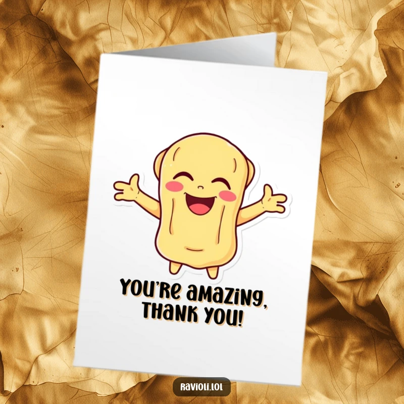 Funny Free Printable Ravioli Thank You Card: A ravioli character laughs with open arms, expressing heartfelt thanks comically.
