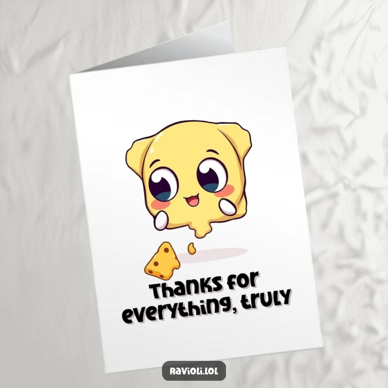 Funny Free Printable Thank You Card: Ravioli character with wide eyes attempts to catch falling cheese, showing gratitude.