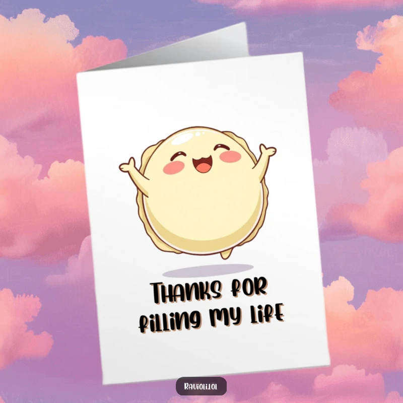 Funny Free Printable Thank You Card: A plump ravioli bounces happily, expressing thanks with a humorous, round, and delightful energy. Perfect gift.