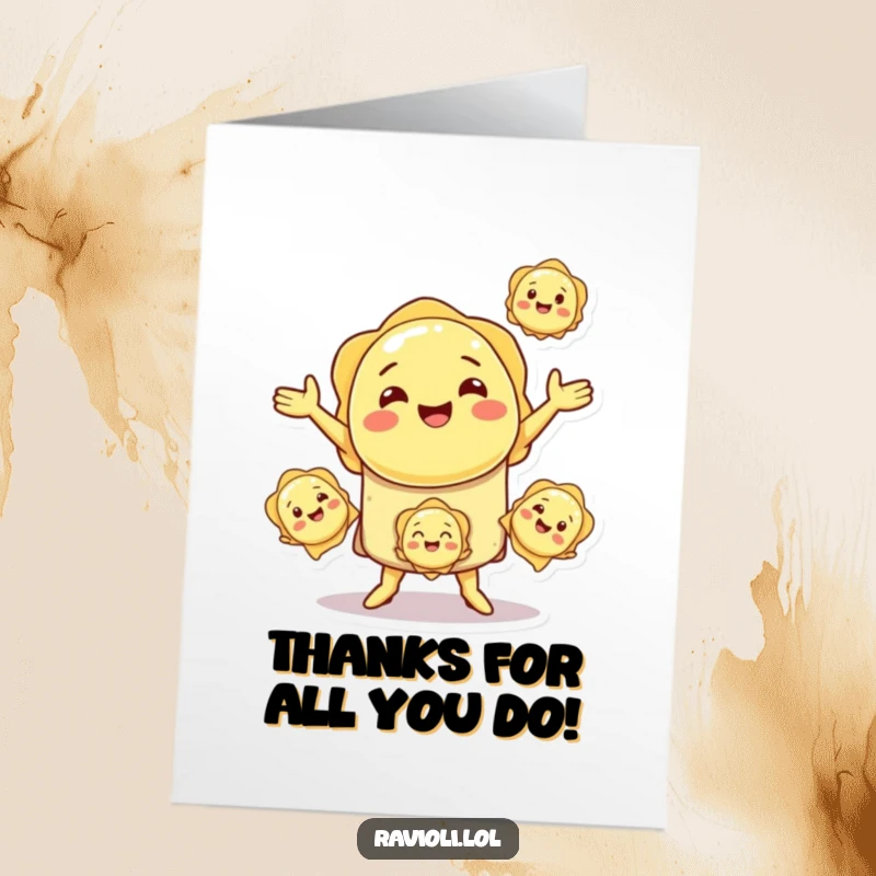 Funny Free Printable Thank You Card: A smiling ravioli character juggling mini ravioli, showcasing a delightful and energetic thank you.