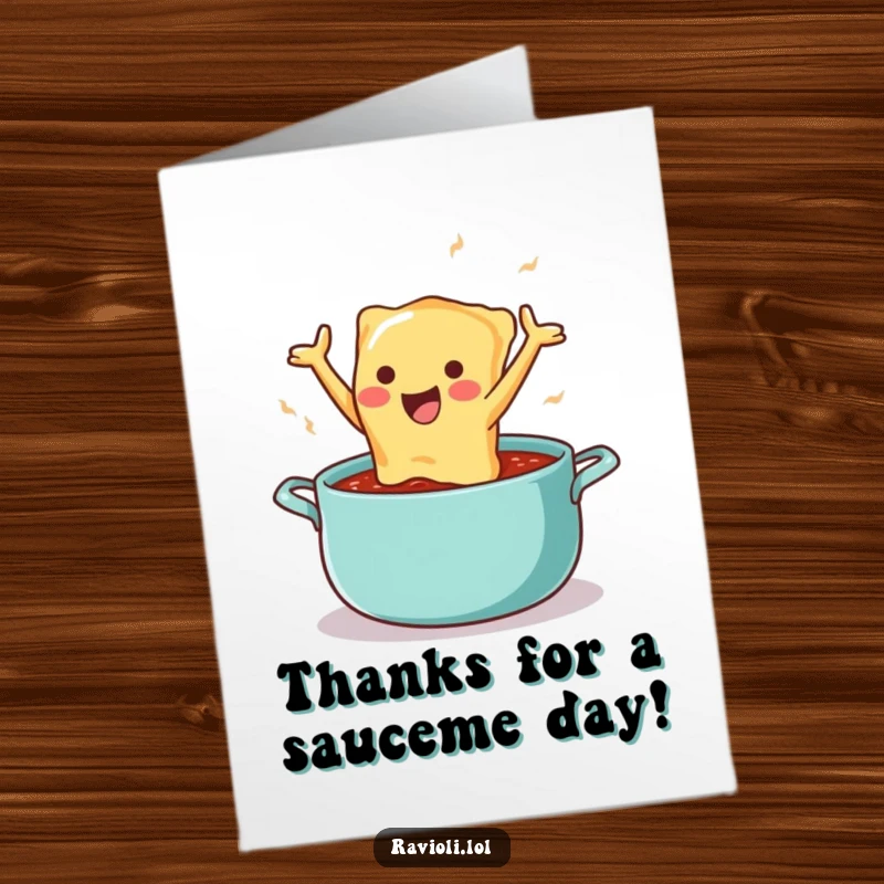 Funny Free Printable Thank You Card: A happy ravioli character jumps into sauce, expressing gratitude humorously.