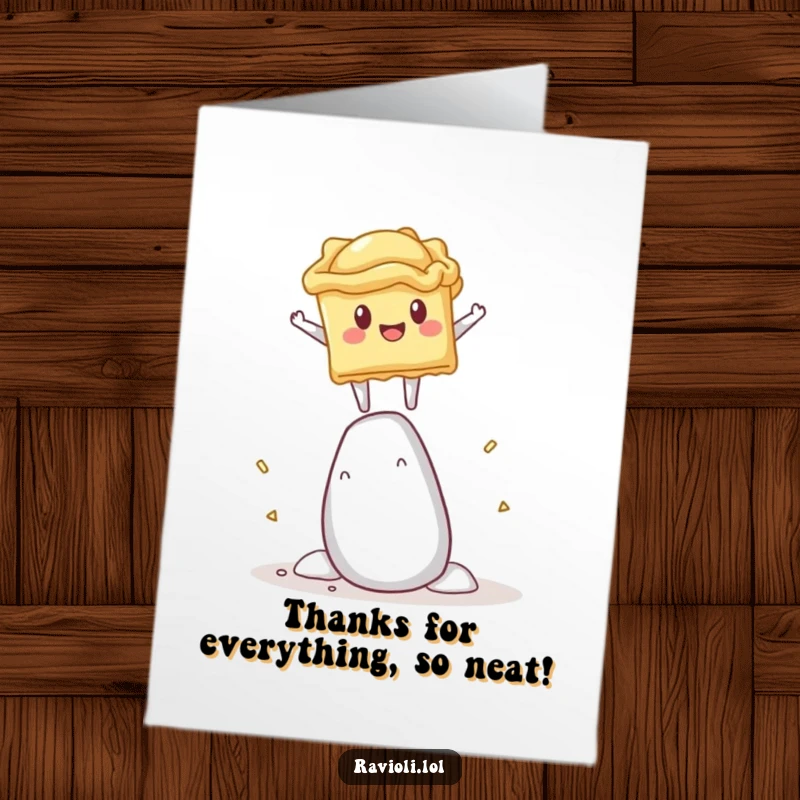 Funny Free Printable Thank You Card: Ravioli character performing an impressive salt shaker balance, conveying thanks in a comical way.