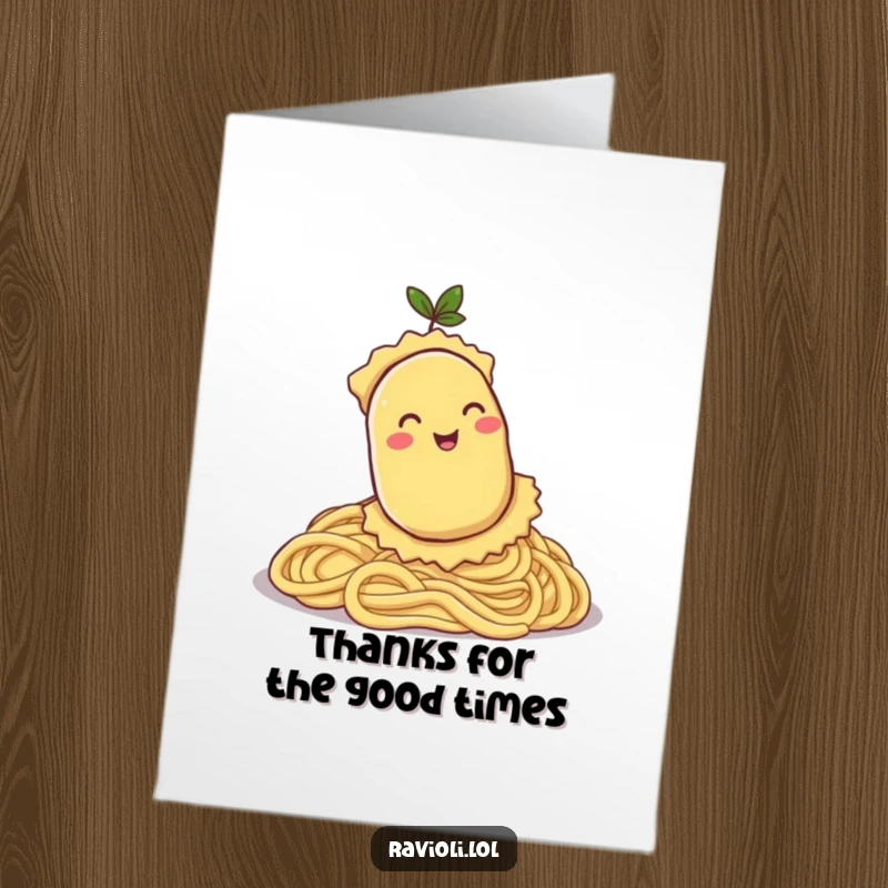 Funny Free Printable Thank You Card: Smiling ravioli character happily rolls down a hill of pasta, expressing thanks.