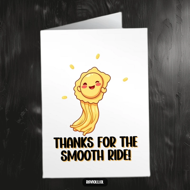 Funny Free Printable Thank You Card: A gleeful ravioli slides down a spaghetti strand, laughing all the way.