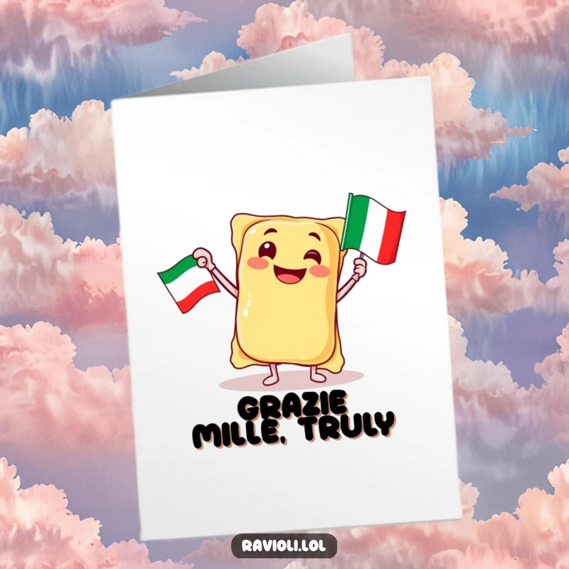 Funny free printable thank you card: A jubilant ravioli character waves a small Italian flag with genuine enthusiasm.