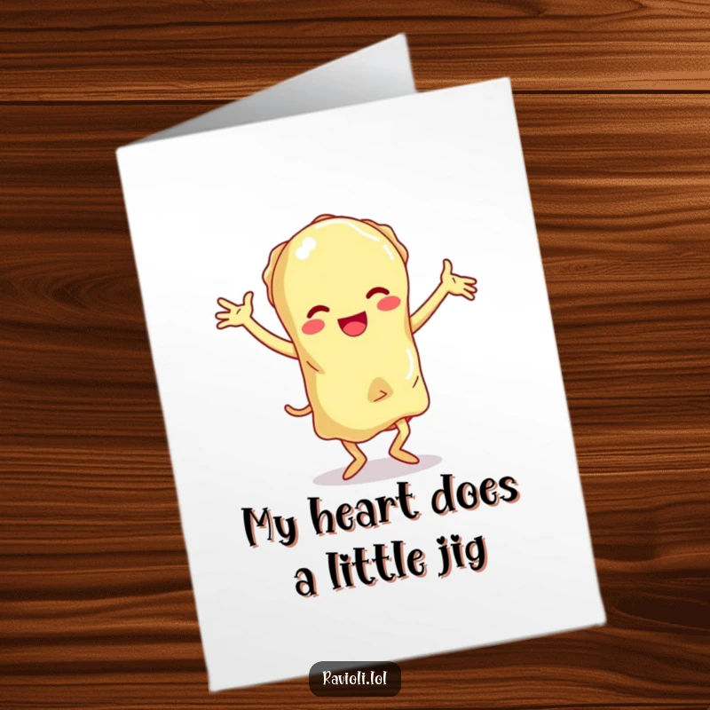 Funny Free Printable thank you card featuring a ravioli character doing a comical, clumsy dance to show gratitude.