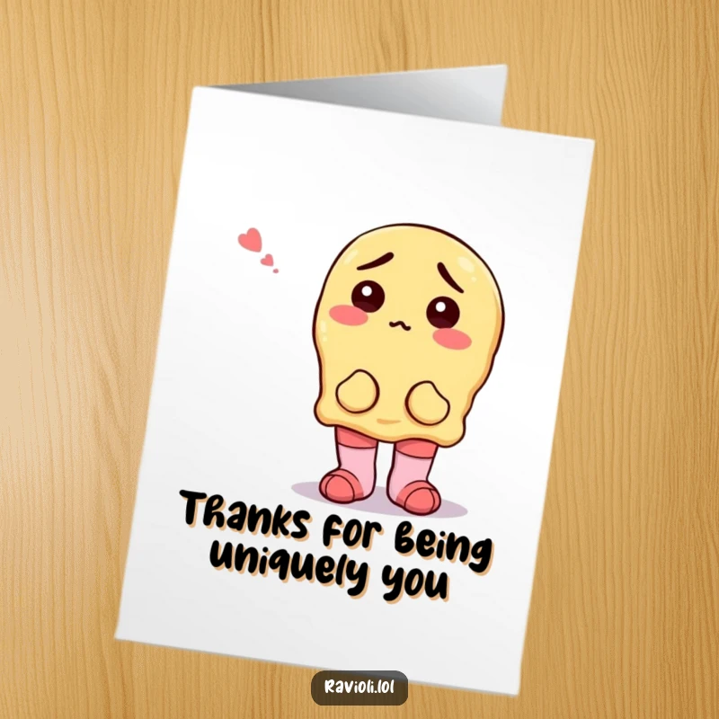 Funny Free Printable Thank You Card: A ravioli character with mismatched socks offers thanks, looking charmingly confused.