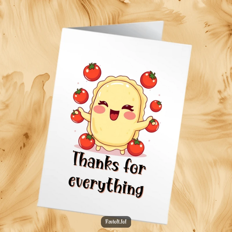 Free Printable Thank You Card: A cheerful ravioli winks while juggling tomatoes, sending thanks with a playful flair.