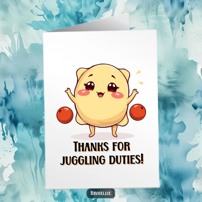 Funny Free Printable Thank You Card: A plump ravioli winks mischievously as it juggles three small meatballs.