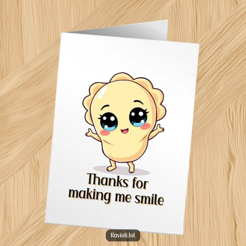 Funny Free Printable Thank You Card: A ravioli character with wide eyes does a silly dance, expressing thanks with humor.