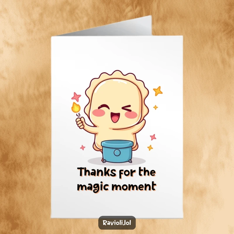 Funny free printable thank you card with a ravioli character winking while performing a magic trick, showing magical appreciation.