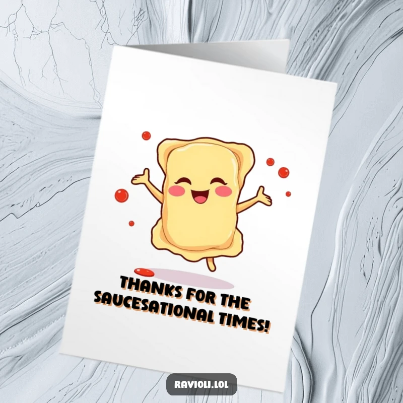 Funny free printable ravioli thank you card; a happy ravioli dances, surrounded by sauce splatters, saying thanks.