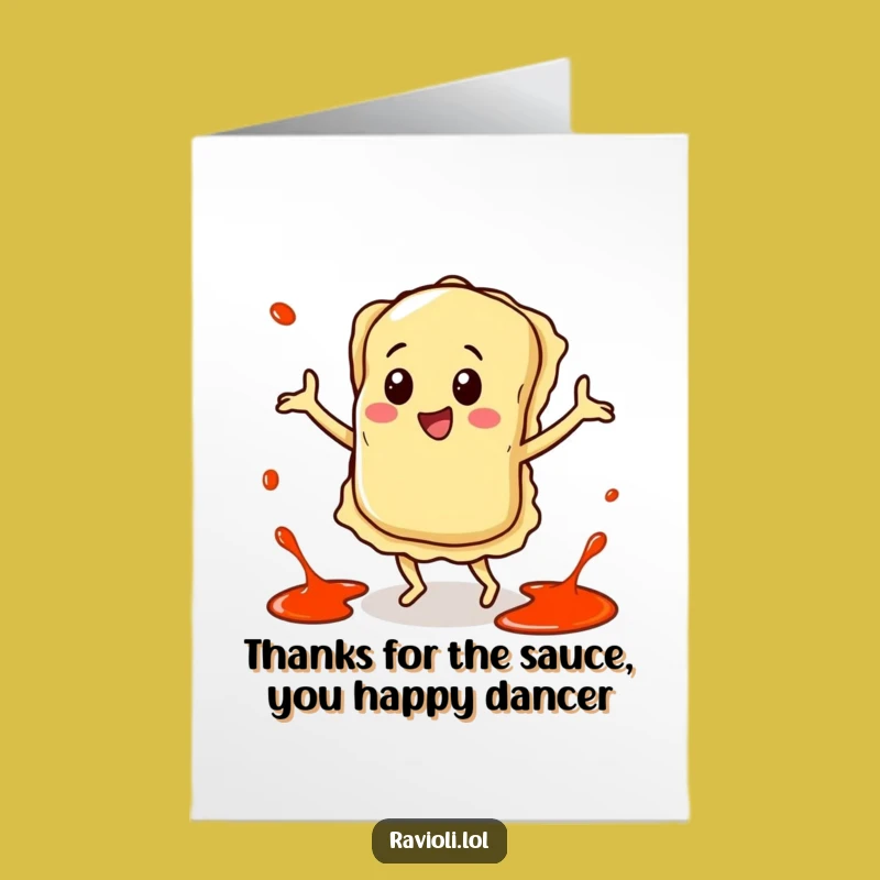 Free Printable Thank You Card: Ravioli's Joyful Dance, Saucy Gratitude, Downloadable Fun