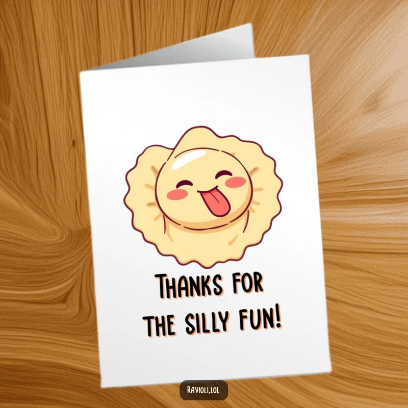 Funny Free Printable Thank You Card: A ravioli spins crazily with a silly face and tongue out.