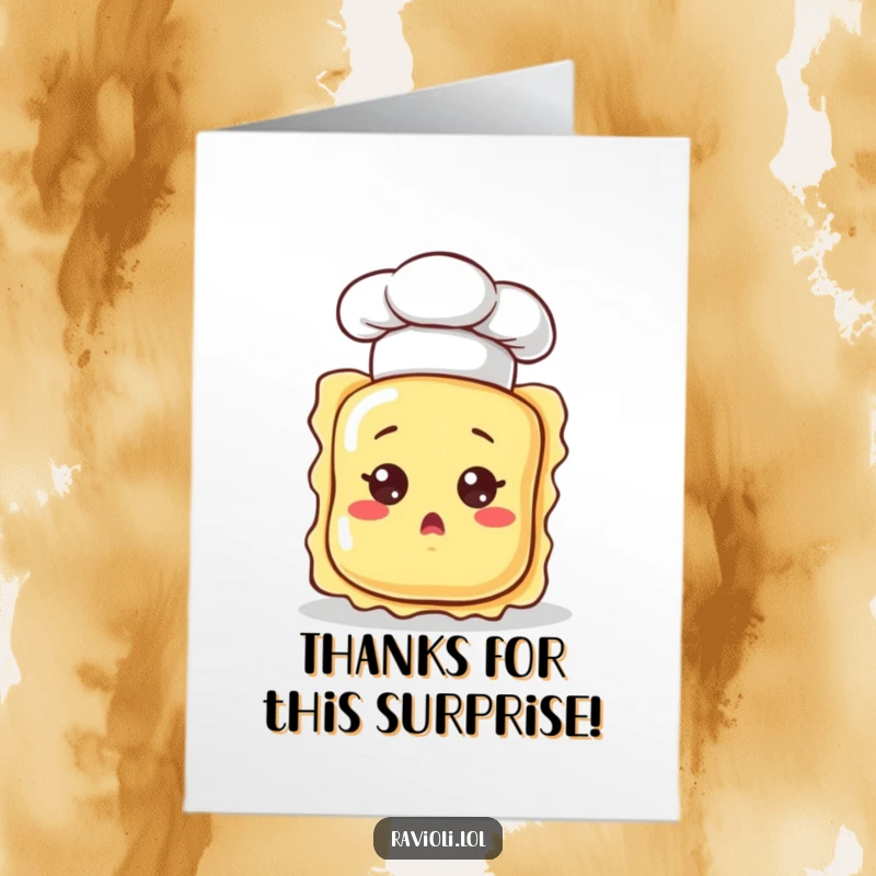 Funny Free Printable Thank You Card with a ravioli chef hat askew, eyes wide in delightful surprise, conveying thanks with humor.