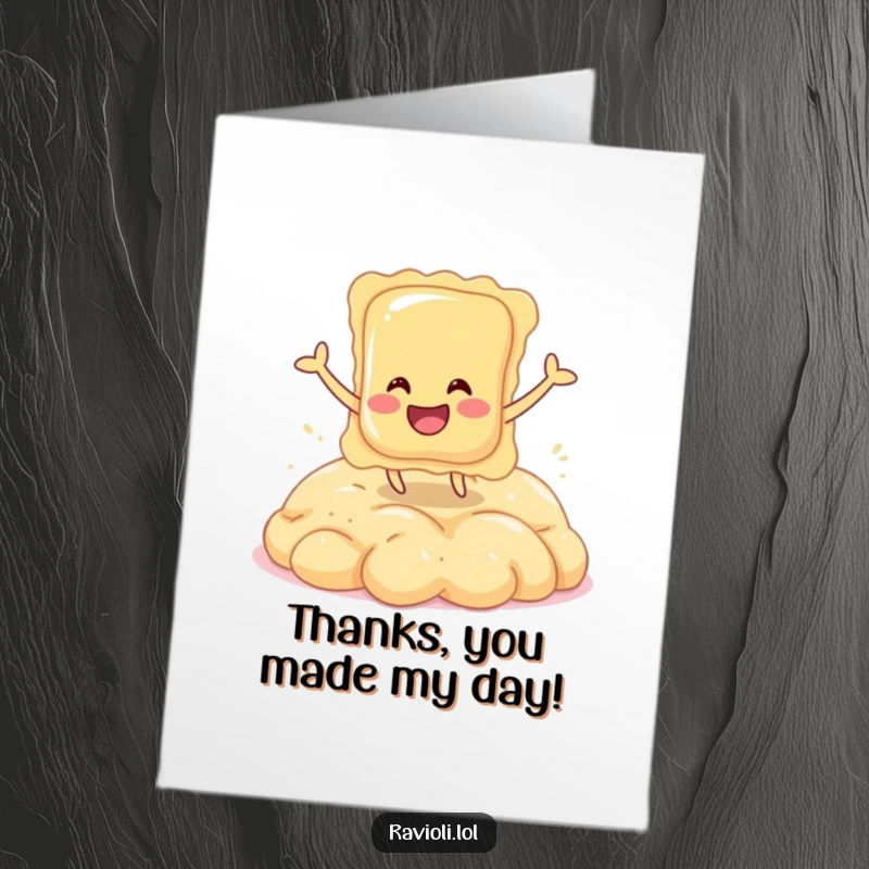 Funny Free Printable Thank You Card: A smiling ravioli bounces happily on a soft dough pile, conveying heartfelt thanks.