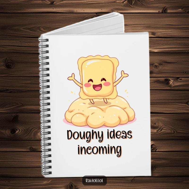Funny notebook cover depicting a joyful ravioli character bouncing on dough, ideal for culinary notes.