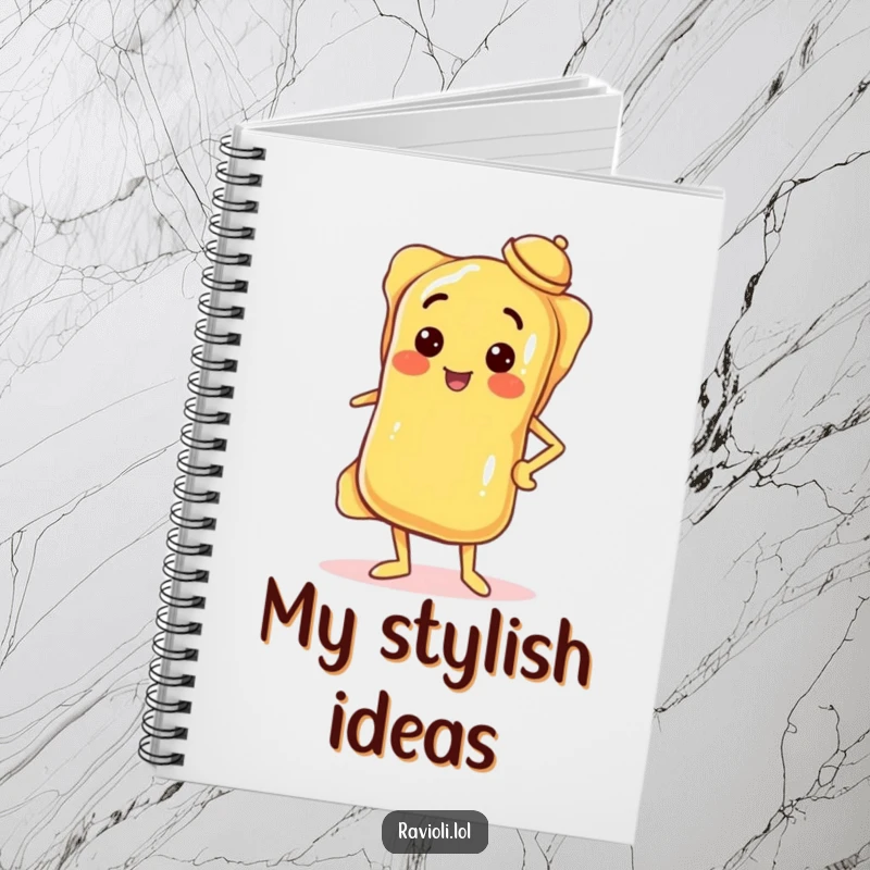 Notebook with a funny ravioli striking a confident pose, hand on hip, tiny hat tilted on the cover, perfect for notes.