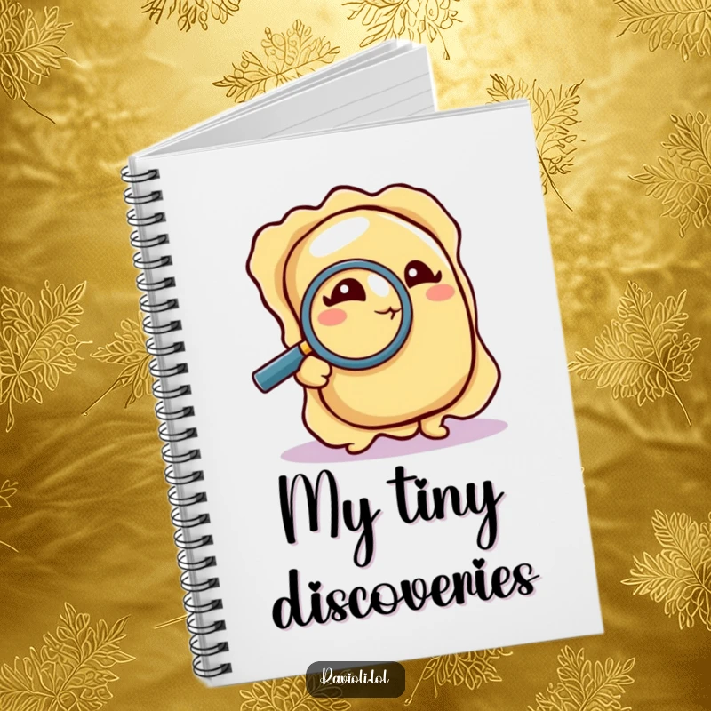 Funny Notebook: A ravioli peers intently at a crumb through a magnifying glass, providing a humorous cover for your investigative notes.