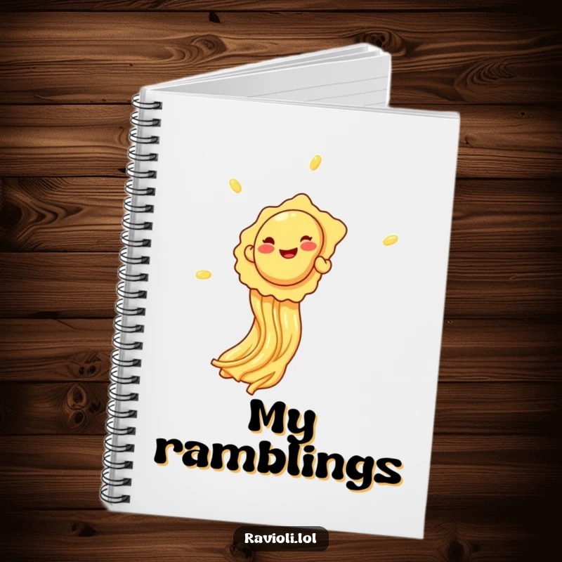 Funny giggling ravioli sliding down spaghetti on a notebook cover, perfect for jotting down playful ideas.