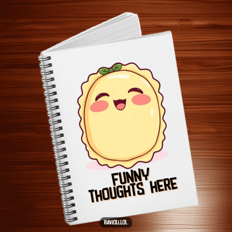 Funny ravioli with rosy cheeks giggling uncontrollably, notebook with a joyful Italian pasta character, great funny gift.