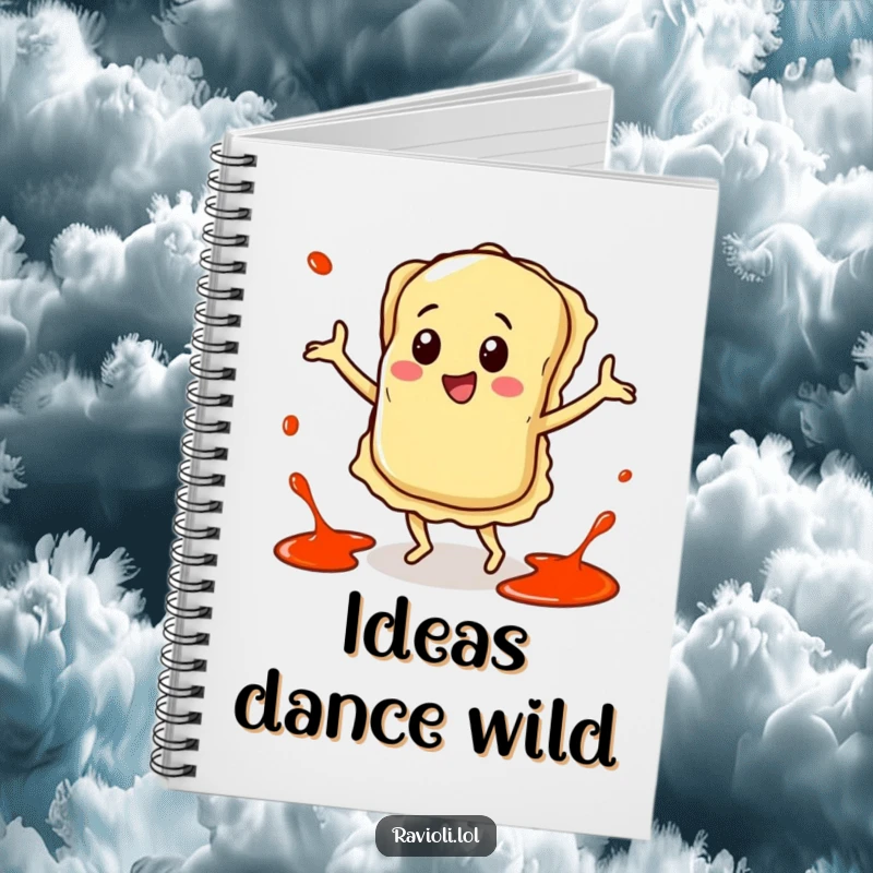 Funny notebook cover with a happy ravioli character dancing with sauce splatters around it, ready for notes and doodles.