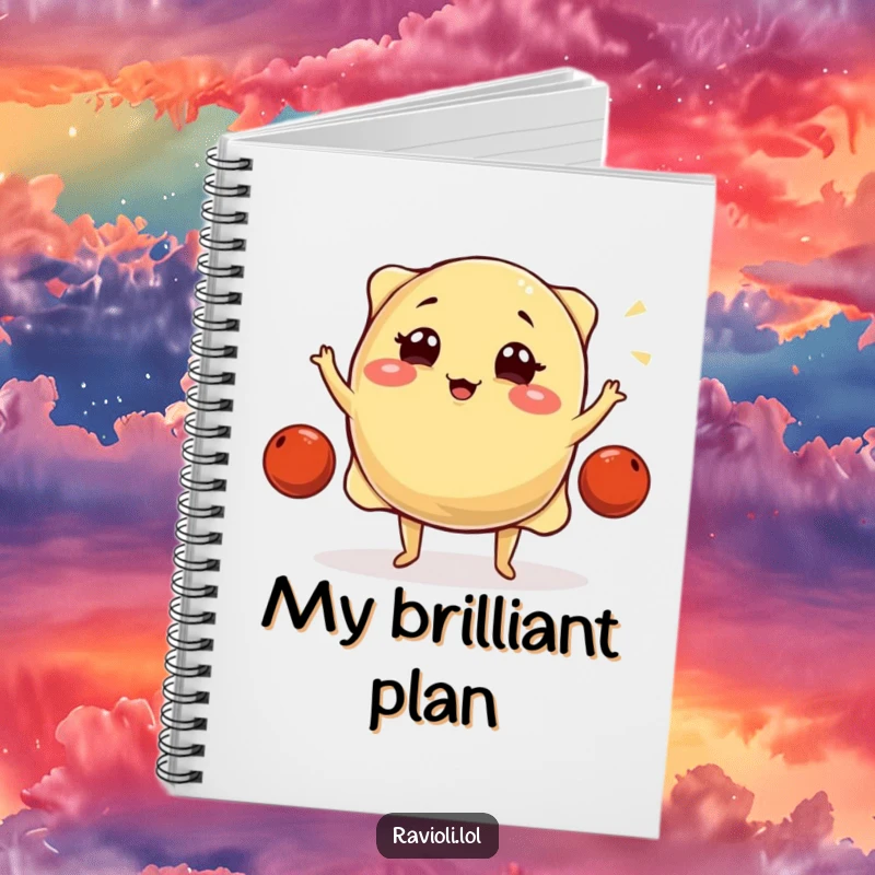 Funny ravioli character winks and juggles meatballs on the cover of a notebook, perfect for jotting down ideas or recipes.