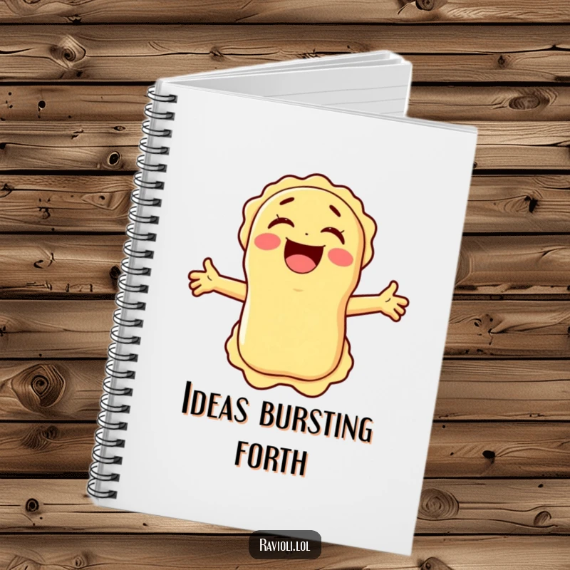 Funny ravioli character laughing heartily on the cover of a notebook, designed for humorous journaling and note-taking.