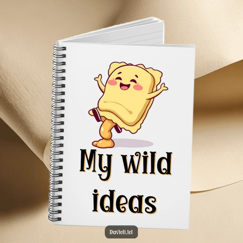 Funny ravioli character giggling mid-cartwheel with filling spilling on the cover of a humorous notebook, a great gift.