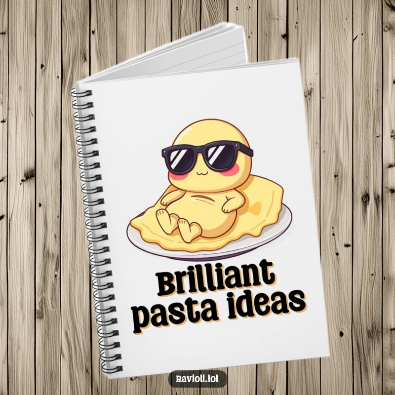 Funny ravioli notebook featuring a pasta character in sunglasses lounging, inspiring creative thoughts and sunny daydreams.