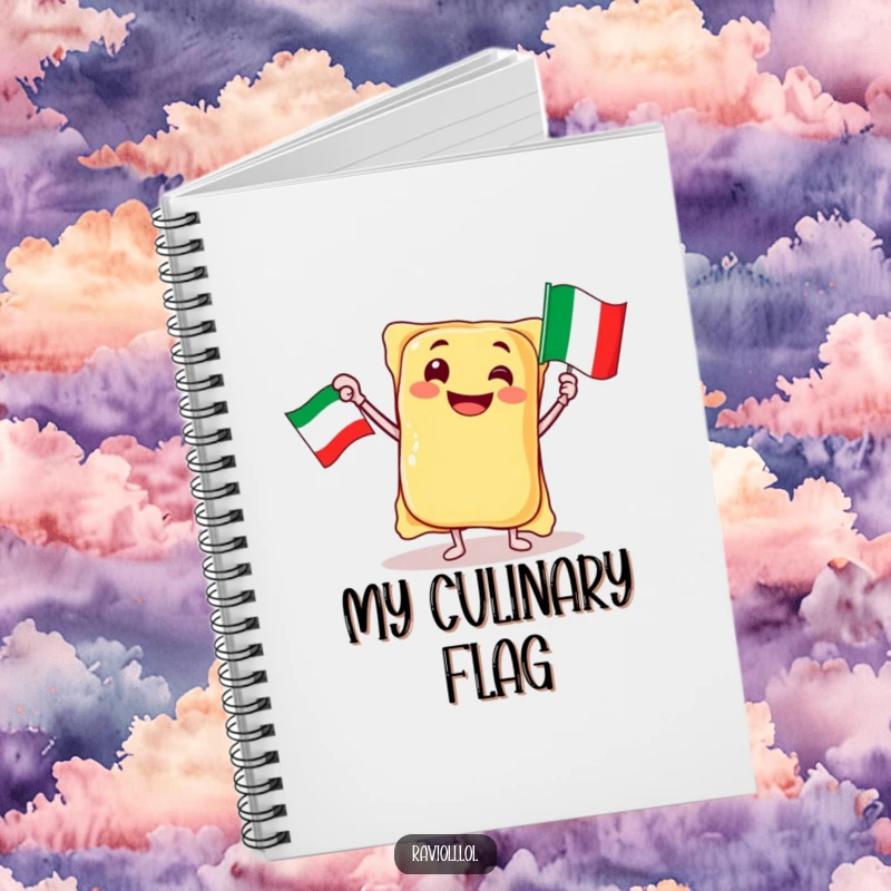 Funny ravioli character jubilantly waving an Italian flag on the cover of a humorous notebook, a great gift.