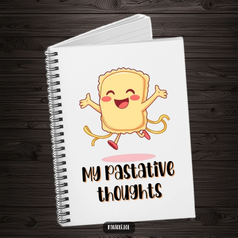 Funny ravioli character joyfully jumping with pasta strands on the cover of a humorous notebook, a great gift.