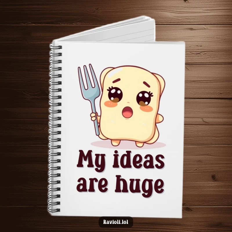 Funny ravioli character with wide surprised eyes holding a giant fork, notebook with pasta shock humor, ideal funny gift.