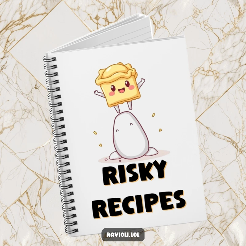 Funny notebook cover showing a ravioli character performing a daring balance on a giant salt shaker, for note-taking.