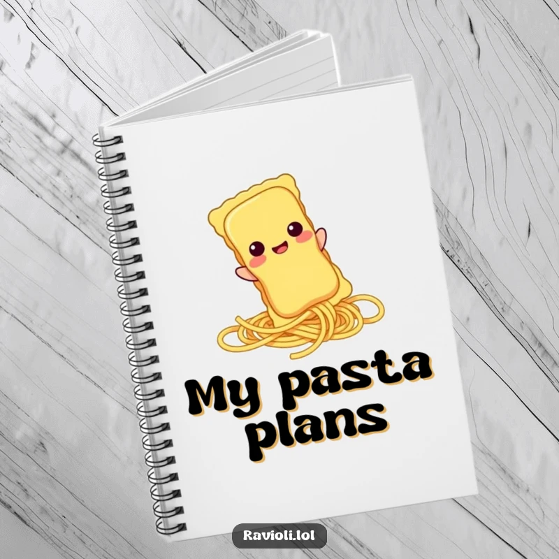 Funny ravioli character sliding down a spaghetti strand on a notebook cover, inspiring creative and humorous writing.